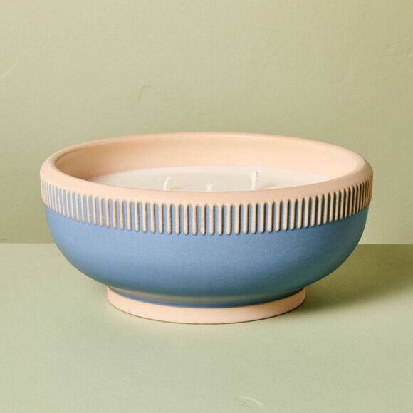 Hearth & Hand with Magnolia NWT 4-Wick Striped Ceramic Sun & Citron Candle Blue - Picture 1 of 7
